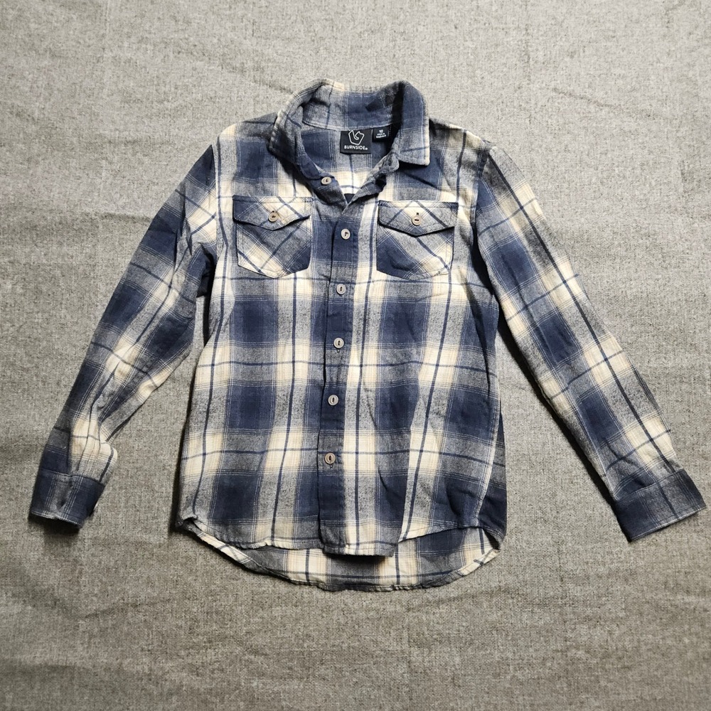 Burnside Boys‎ Plaid Flannel Shirt Blue Cream Long Sleeve Button Up
